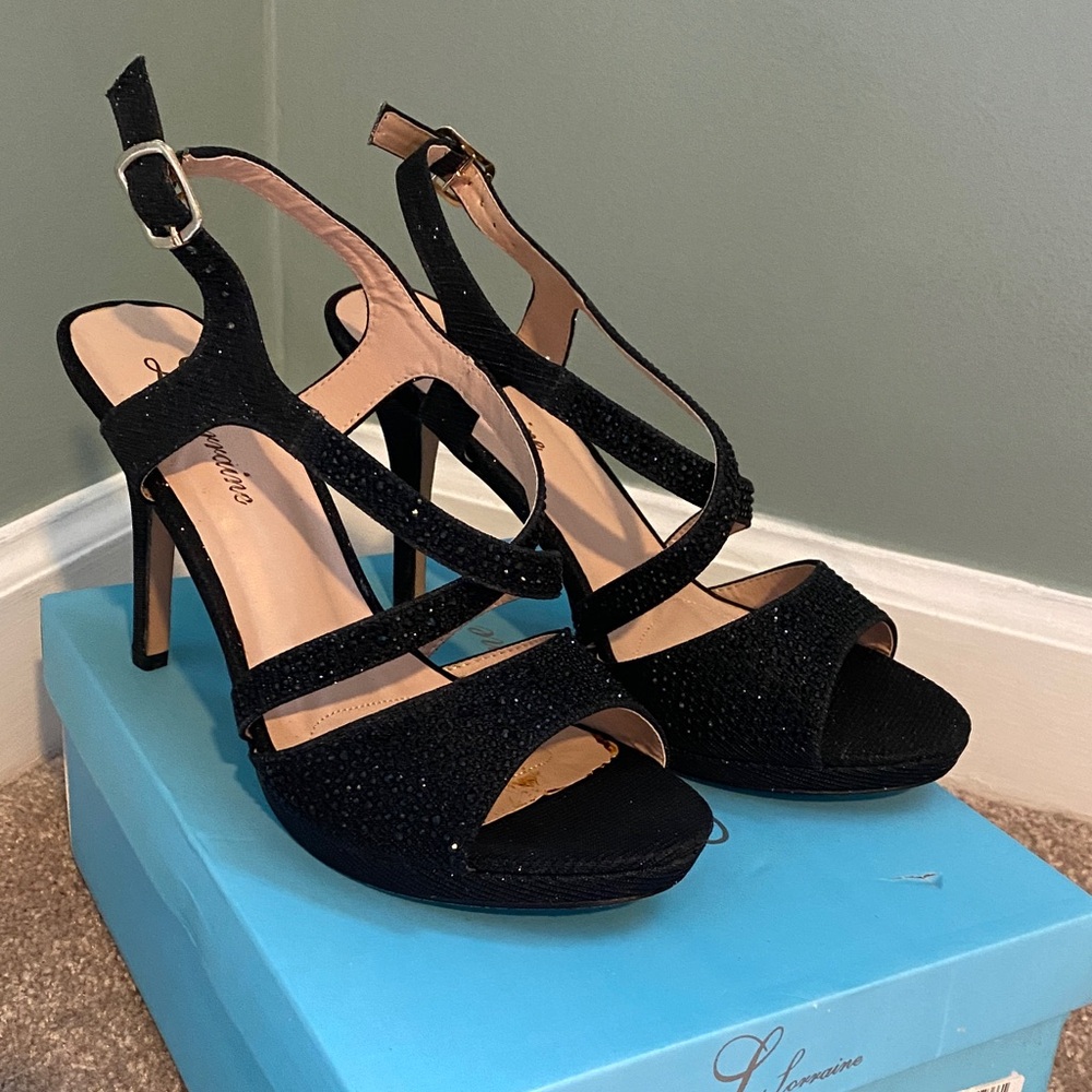 Lorraine Black Glitter Strappy 4” Heels